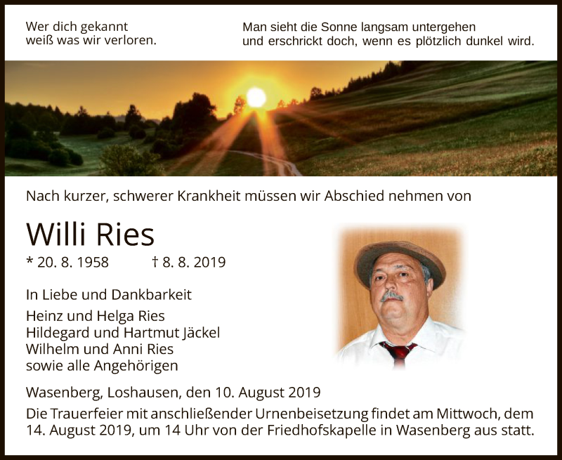  Traueranzeige für Willi Ries vom 10.08.2019 aus HNA