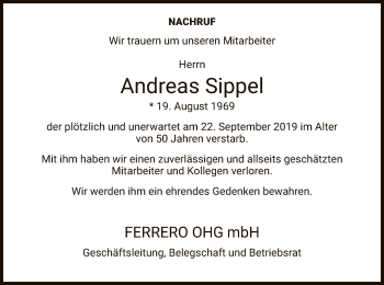 Traueranzeige von Andreas Sippel von HNA