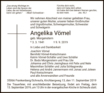 Traueranzeige von Angelika Vömel von HNA