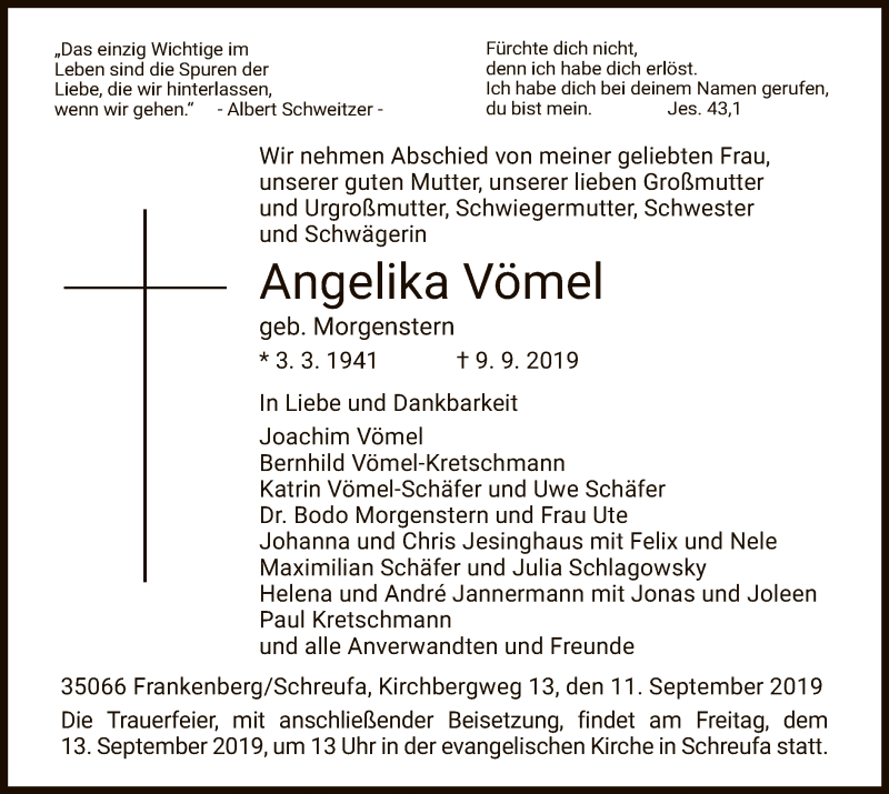  Traueranzeige für Angelika Vömel vom 11.09.2019 aus HNA
