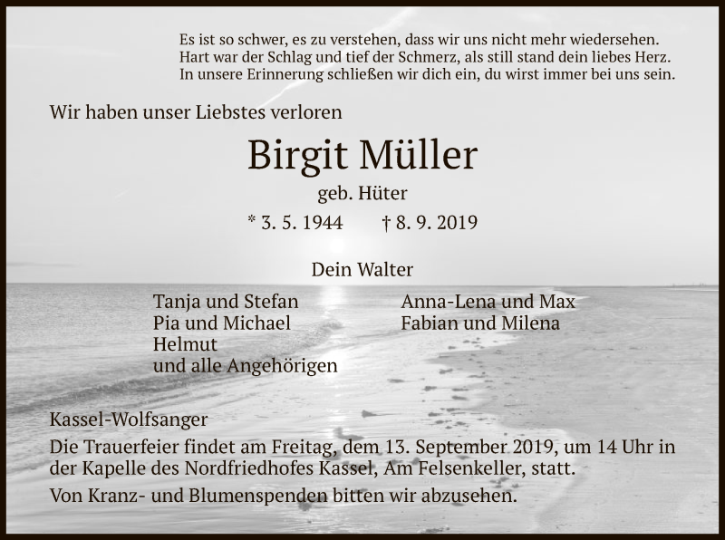  Traueranzeige für Birgit Müller vom 10.09.2019 aus HNA