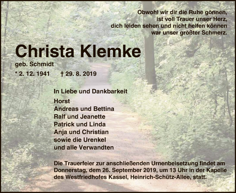  Traueranzeige für Christa Klemke vom 21.09.2019 aus HNA