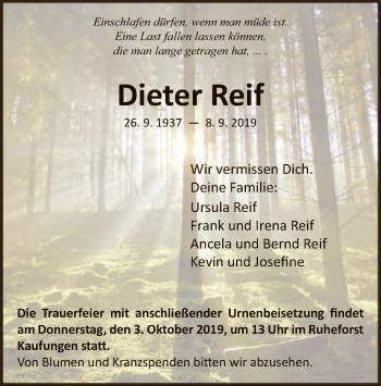 Traueranzeige von Dieter Reif von HNA