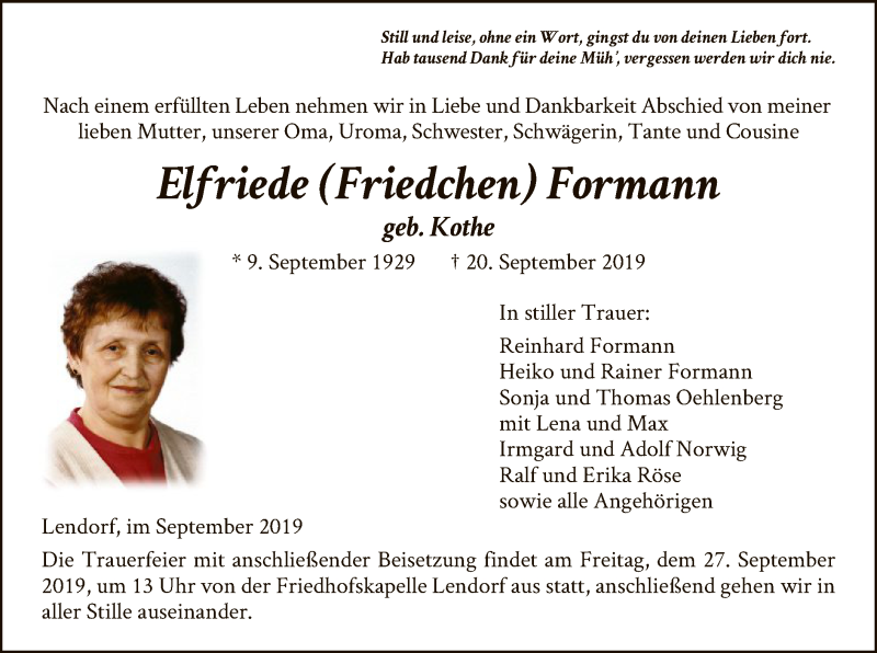  Traueranzeige für Elfriede Formann vom 24.09.2019 aus HNA