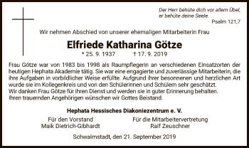 Traueranzeige von Elfriede Katharina Götze von HNA