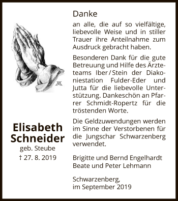 Traueranzeige von Elisabeth Schneider von HNA