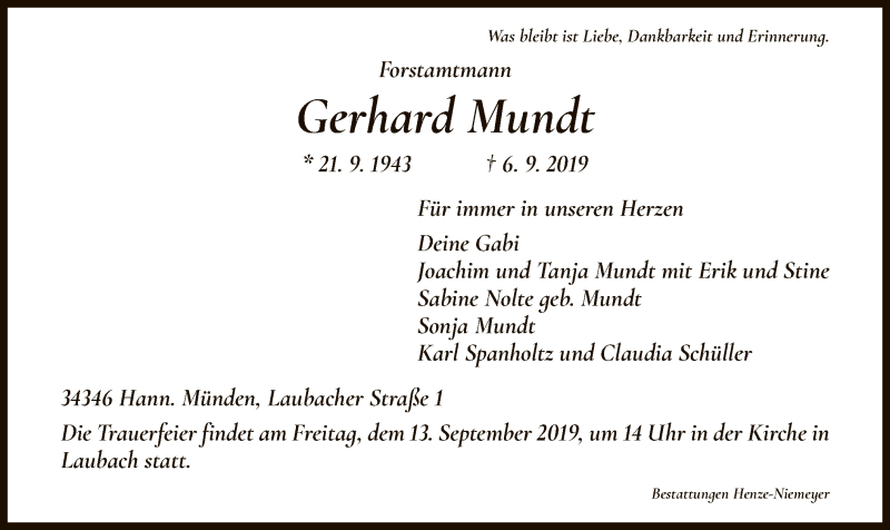  Traueranzeige für Gerhard Mundt vom 11.09.2019 aus HNA