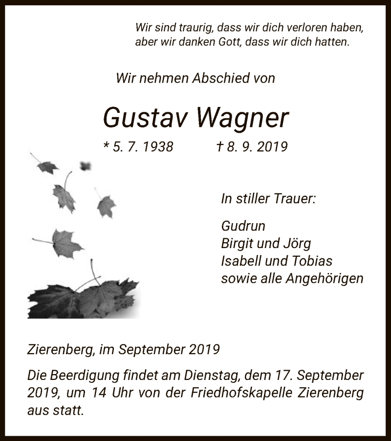  Traueranzeige für Gustav Wagner vom 14.09.2019 aus HNA