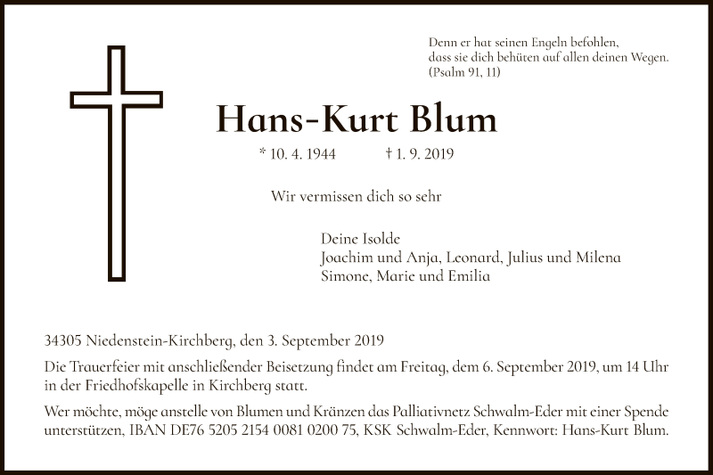  Traueranzeige für Hans-Kurt Blum vom 03.09.2019 aus HNA