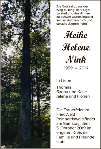Traueranzeige von Heike Helene Nink von HNA