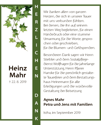 Traueranzeige von Heinz Mahr von HNA