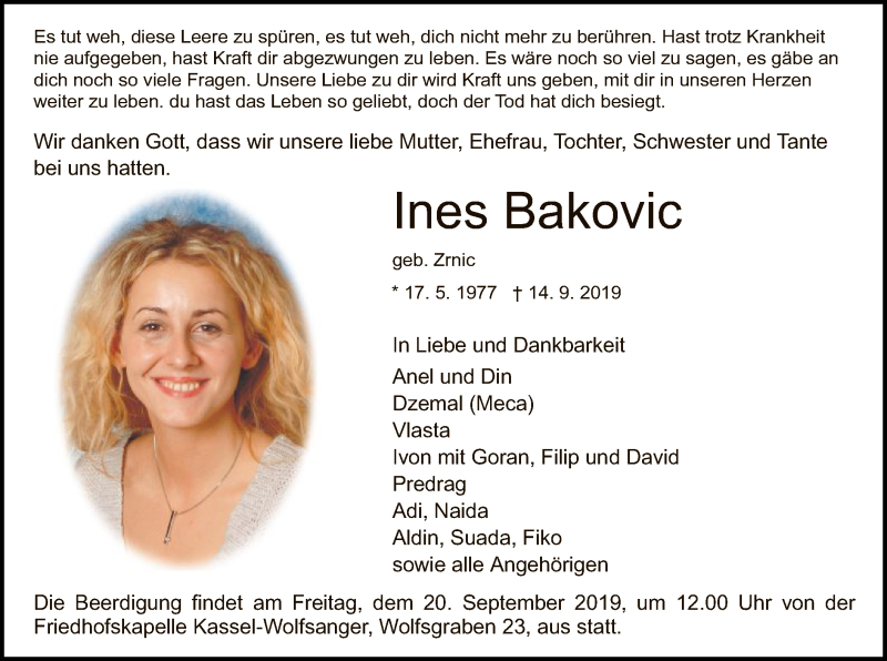  Traueranzeige für Ines Bakovic vom 18.09.2019 aus HNA