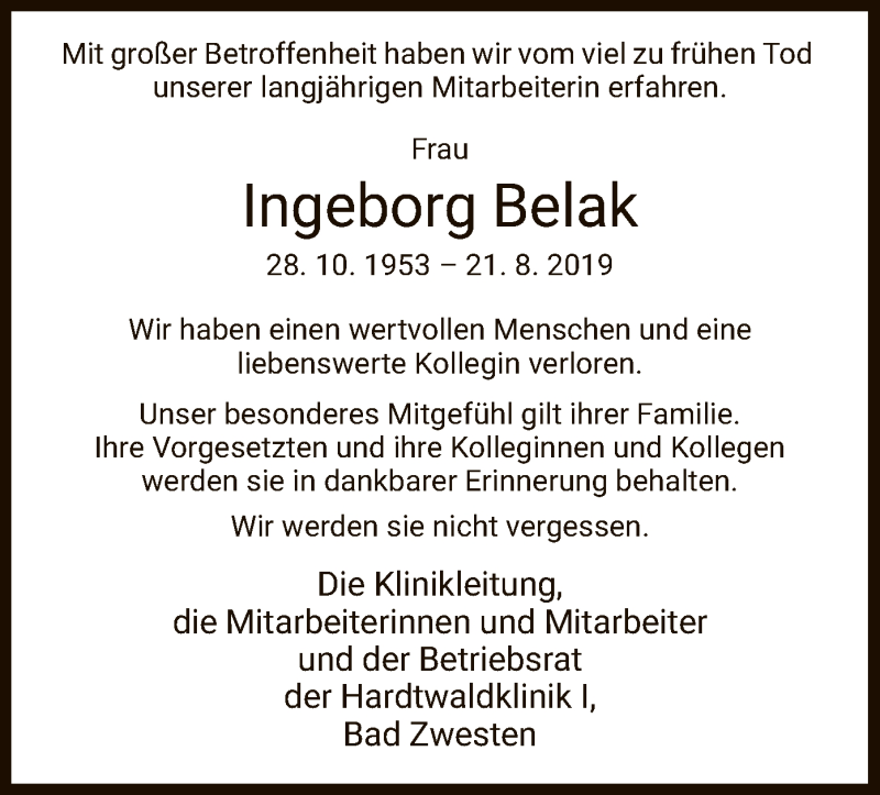  Traueranzeige für Ingeborg Belak vom 11.09.2019 aus HNA