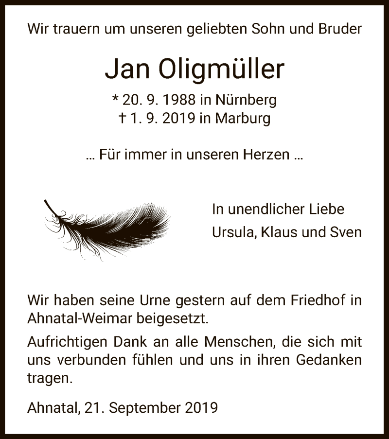  Traueranzeige für Jan Oligmüller vom 21.09.2019 aus HNA
