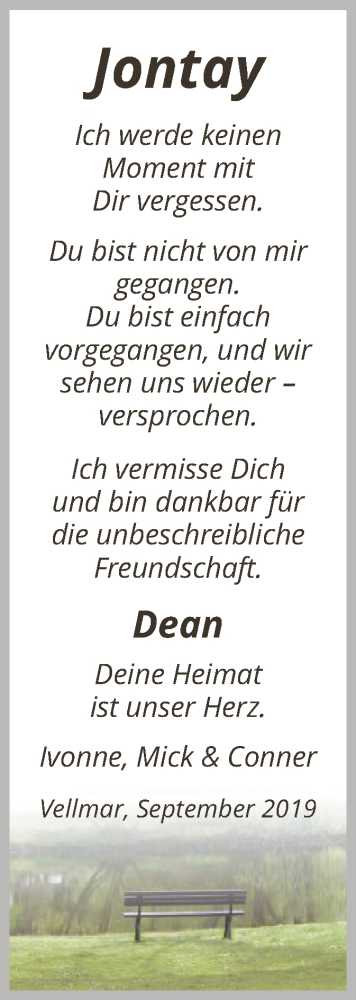  Traueranzeige für Jontay Oberkersch vom 20.09.2019 aus HNA
