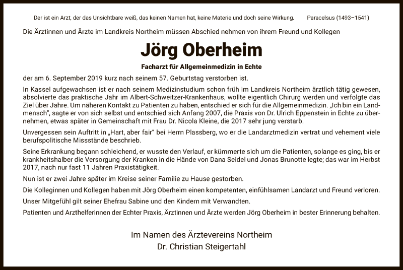  Traueranzeige für Jörg Oberheim vom 14.09.2019 aus HNA