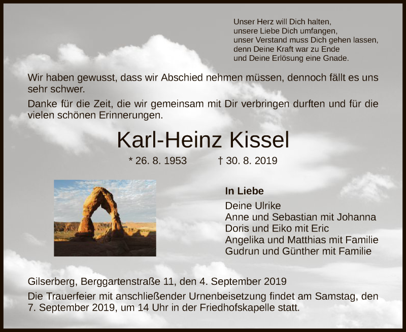  Traueranzeige für Karl-Heinz Kissel vom 04.09.2019 aus HNA