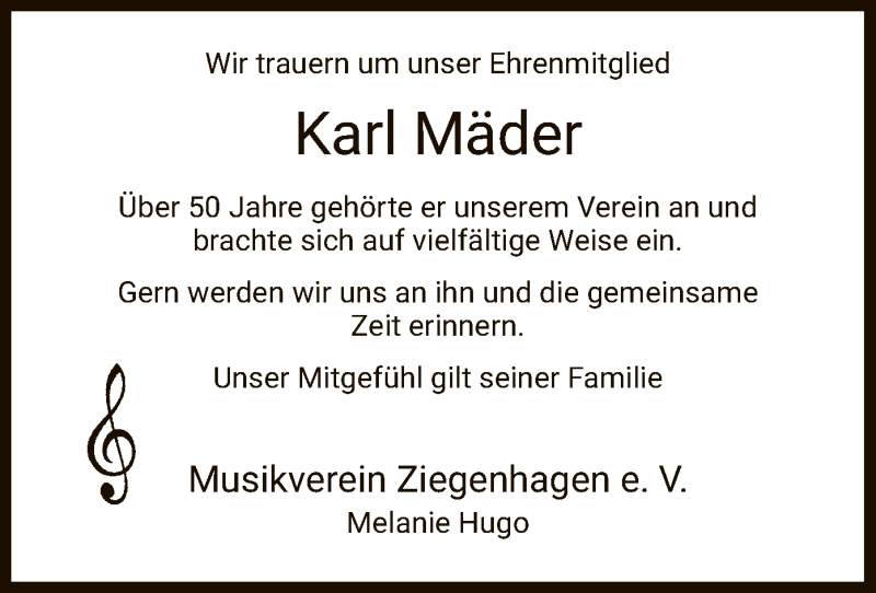  Traueranzeige für Karl Mäder vom 14.09.2019 aus HNA