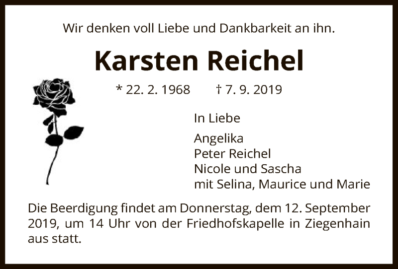  Traueranzeige für Karsten Reichel vom 10.09.2019 aus HNA