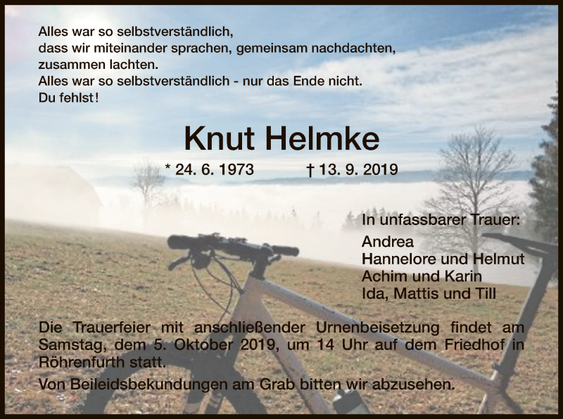 Traueranzeige für Knut Helmke vom 28.09.2019 aus HNA