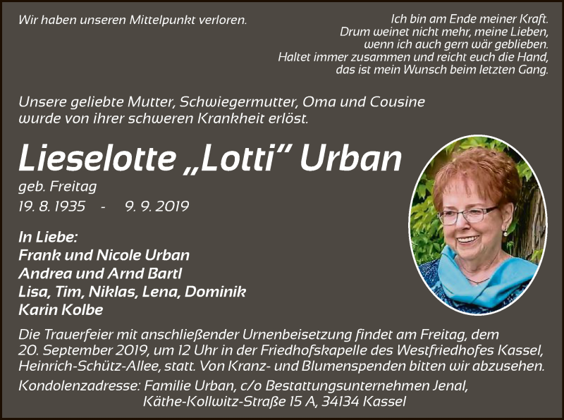  Traueranzeige für Lieselotte Urban vom 14.09.2019 aus HNA