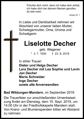 Traueranzeige von Liselotte Decher von HNA