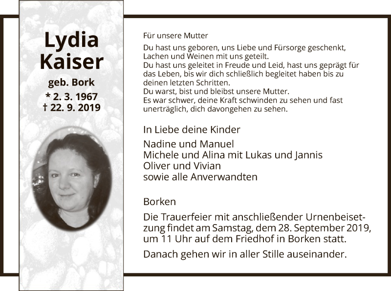  Traueranzeige für Lydia Kaiser vom 26.09.2019 aus HNA