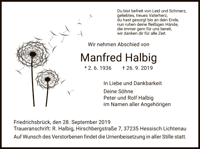  Traueranzeige für Manfred Halbig vom 28.09.2019 aus HNA