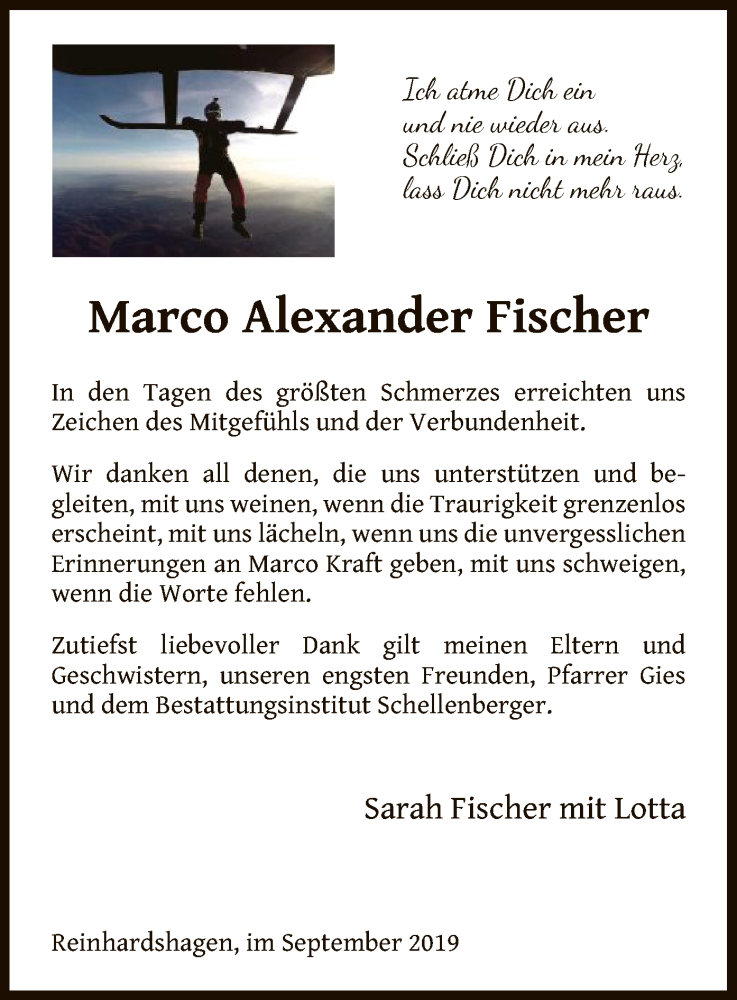  Traueranzeige für Marco Alexander Fischer vom 21.09.2019 aus HNA