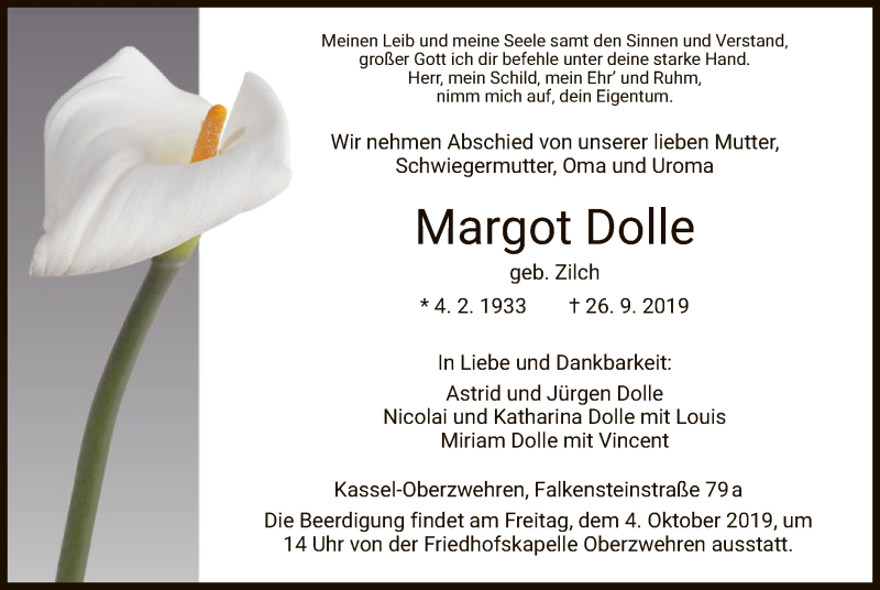  Traueranzeige für Margot Dolle vom 28.09.2019 aus HNA