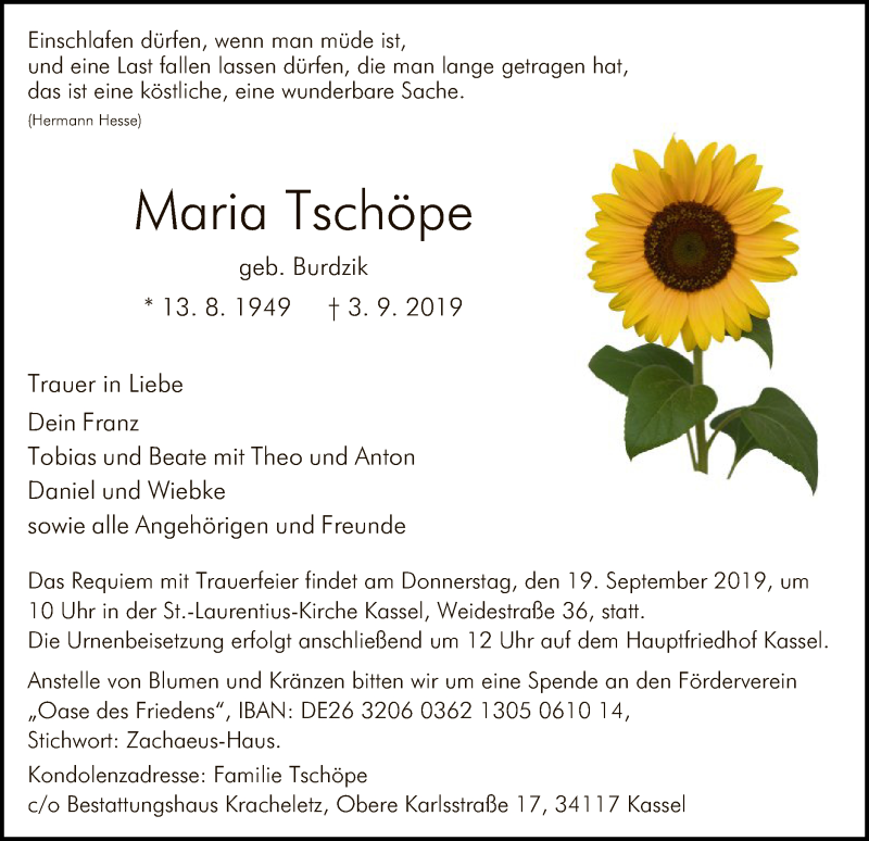  Traueranzeige für Maria Tschöpe vom 11.09.2019 aus HNA
