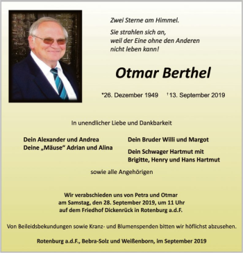 Traueranzeige von Otmar Berthel von HNA