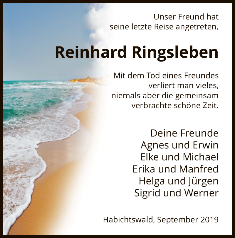  Traueranzeige für Reinhard Ringsleben vom 07.09.2019 aus HNA