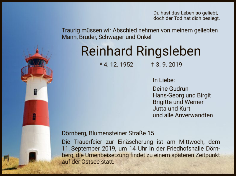  Traueranzeige für Reinhard Ringsleben vom 07.09.2019 aus HNA