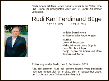 Traueranzeige von Rudi Karl Ferdinand Büge von HNA