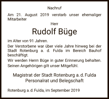 Traueranzeige von Rudolf Büge von HNA