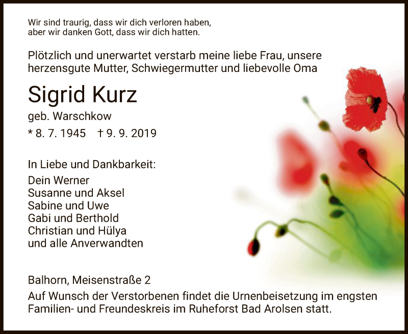 Traueranzeige für Sigrid Kurz vom 12.09.2019 aus HNA