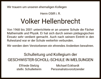 Traueranzeige von Volker Hellenbrecht von HNA