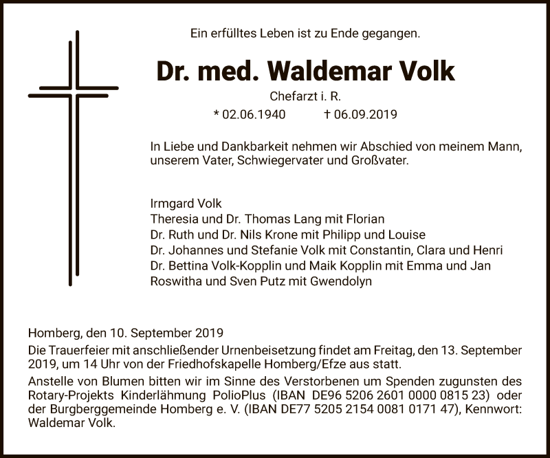  Traueranzeige für Waldemar Volk vom 10.09.2019 aus HNA