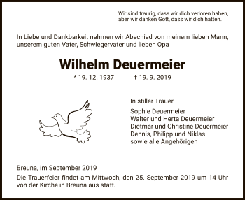 Traueranzeige von Wilhelm Deuermeier von HNA