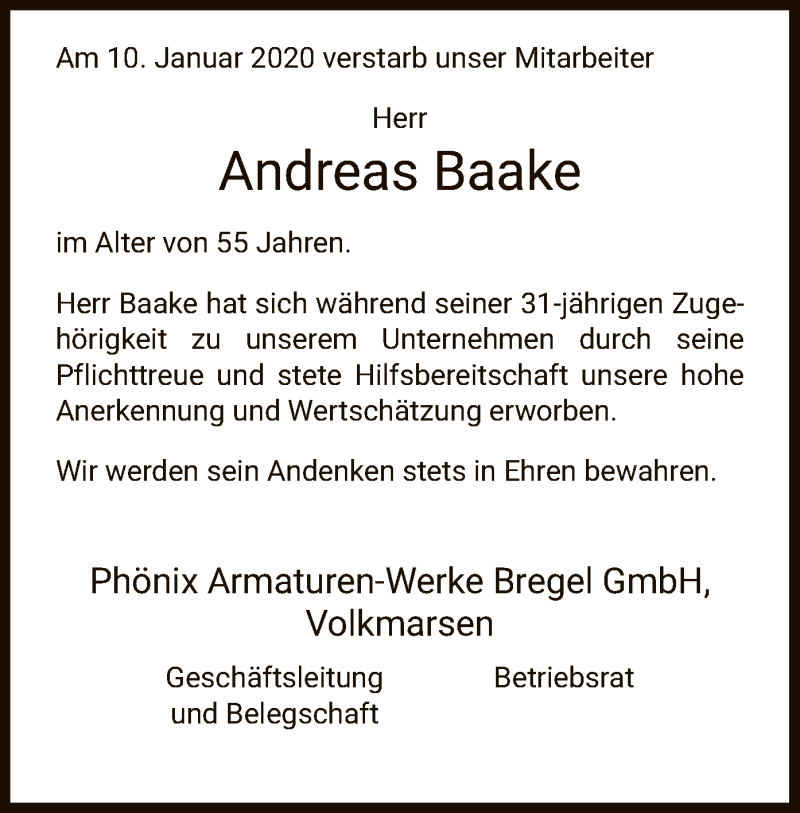  Traueranzeige für Andreas Baake vom 16.01.2020 aus HNA