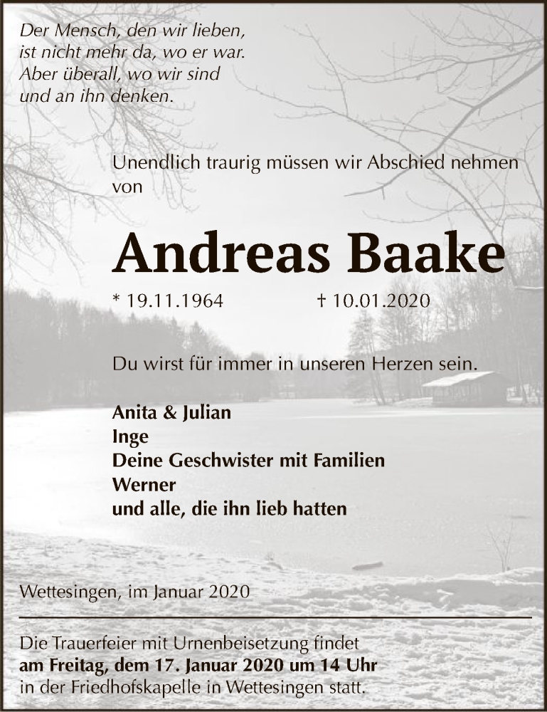  Traueranzeige für Andreas Baake vom 14.01.2020 aus HNA