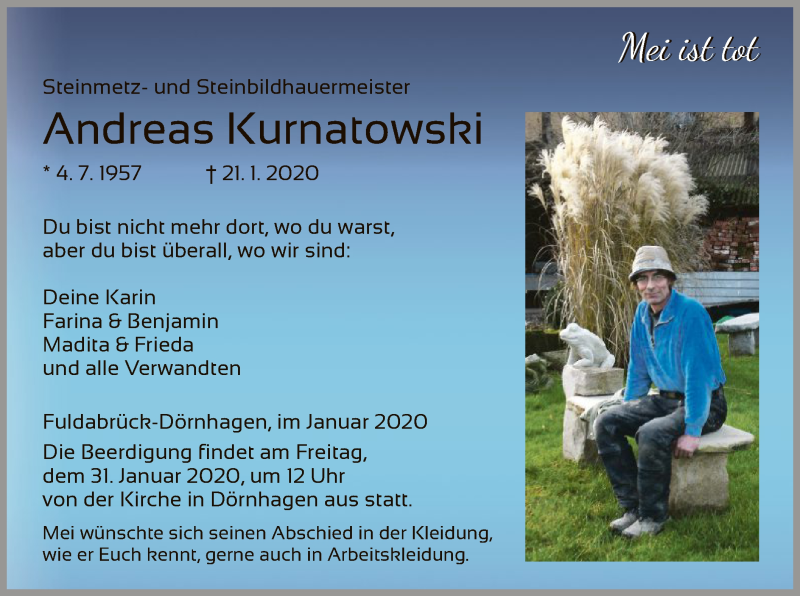  Traueranzeige für Andreas Kurnatowski vom 25.01.2020 aus HNA