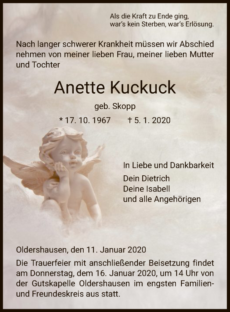  Traueranzeige für Anette Kuckuck vom 11.01.2020 aus HNA