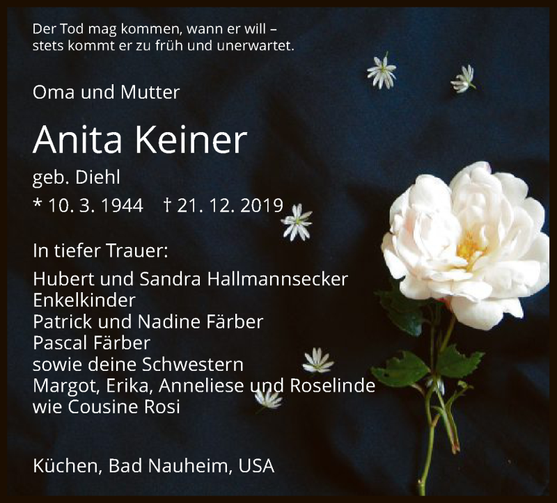  Traueranzeige für Anita Keiner vom 04.01.2020 aus HNA