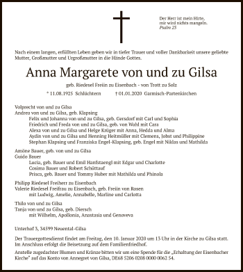 Traueranzeige von Anna Margarete von und zu Gilsa von HNA