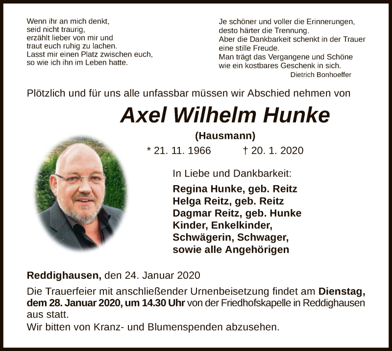  Traueranzeige für Axel Wilhelm Hunke vom 24.01.2020 aus HNA
