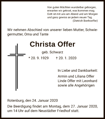 Traueranzeige von Christa Offer von HNA