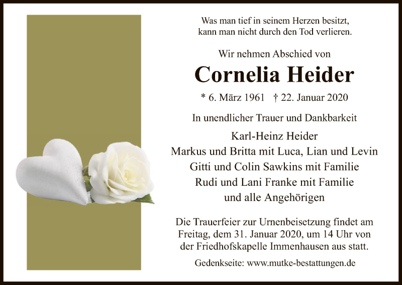  Traueranzeige für Cornelia Heider vom 28.01.2020 aus HNA