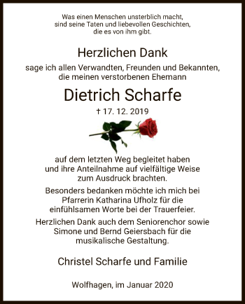 Traueranzeige von Dietrich Scharfe von HNA